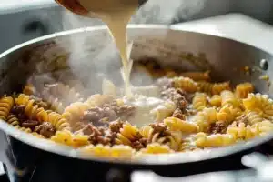 Heavy cream being poured into a skillet with uncooked fusilli pasta and cooked ground beef to create a creamy sauce.