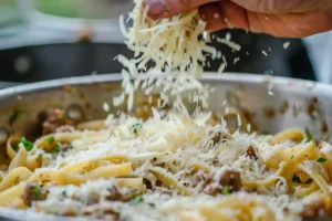 A hand sprinkling a generous amount of freshly grated cheese over a skillet of creamy beef pasta.