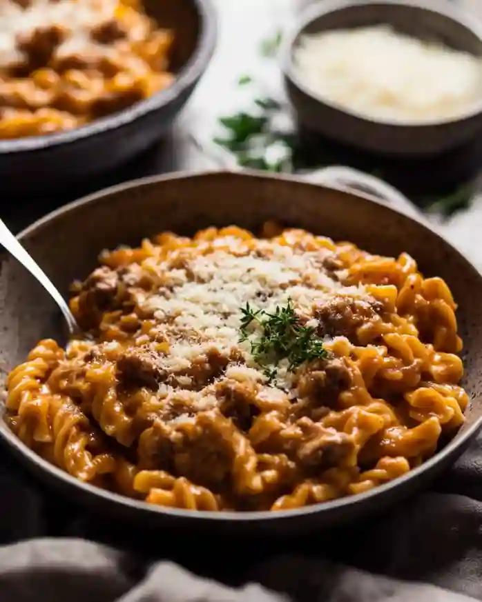 A single serving of One Pot Creamy Beef and Garlic Butter Pasta in a rustic bowl, garnished with Parmesan cheese.