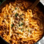 A large pot of the finished One Pot Creamy Beef and Garlic Butter Pasta, topped with melted cheese and fresh parsley.