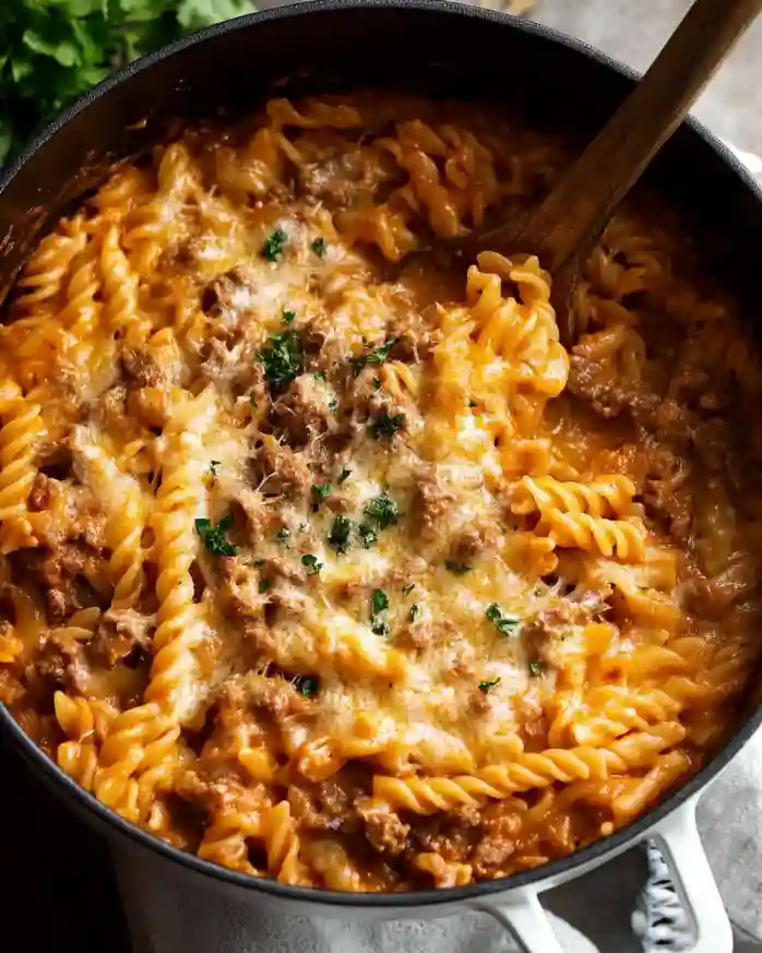 A large pot of the finished One Pot Creamy Beef and Garlic Butter Pasta, topped with melted cheese and fresh parsley.