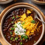 bowl of one pot Mexicali black bean soup topped with cheddar, crema, and tortilla chips