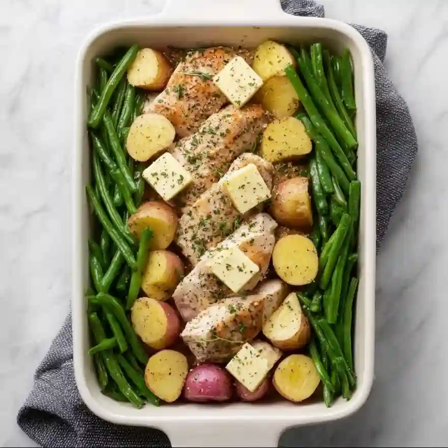 Arrange chicken, green beans, and potatoes in pan