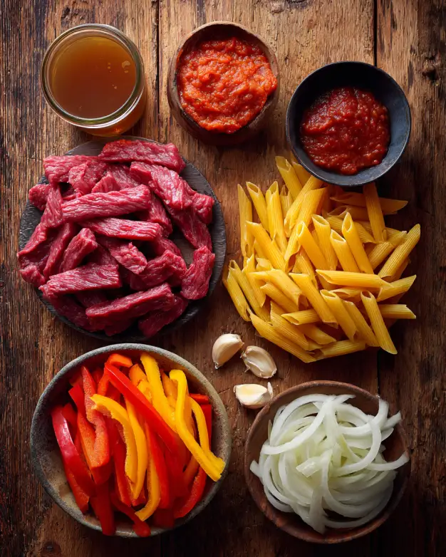 A flat lay of fresh ingredients for steak pasta on a rustic wood background, including raw steak strips, penne pasta, sliced bell peppers, onions, garlic, tomato sauce, and beef broth.