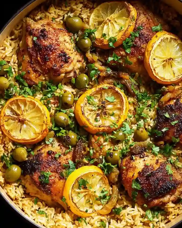 one pot chicken and rice with caramelized lemon