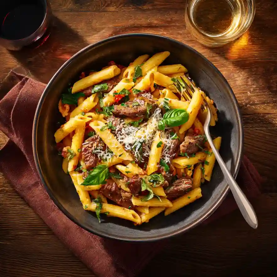 Bowl of zesty steak pasta with basil and Parmesan ready to serve