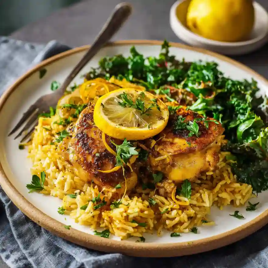 plated one pot chicken and rice with caramelized lemon