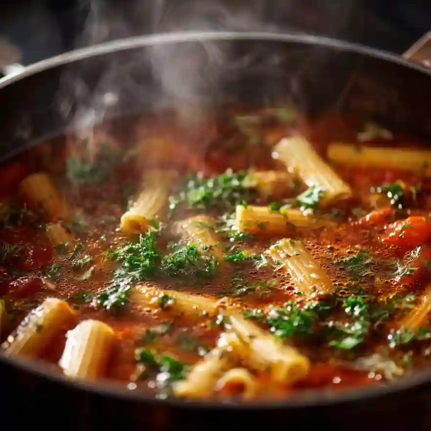  Pasta simmering in a rich tomato sauce with herbs in a pot