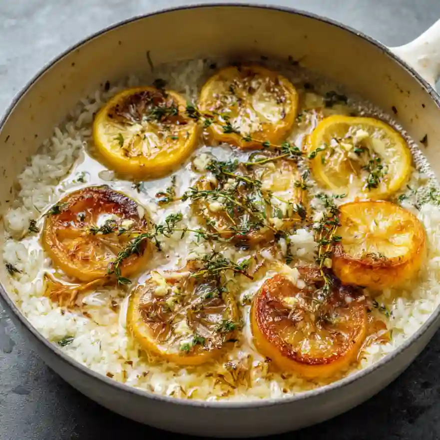 caramelizing lemons in pot with rice and garlic