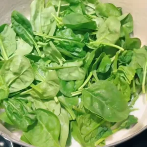 A large handful of fresh spinach placed on top of the coconut rice in a pot.