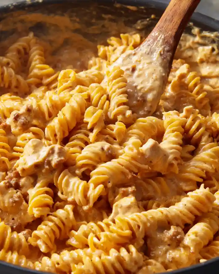 Stirring cheddar into smoky ranch chicken pasta