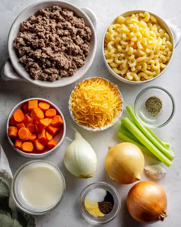 Ingredients for one pot macaroni cheeseburger soup