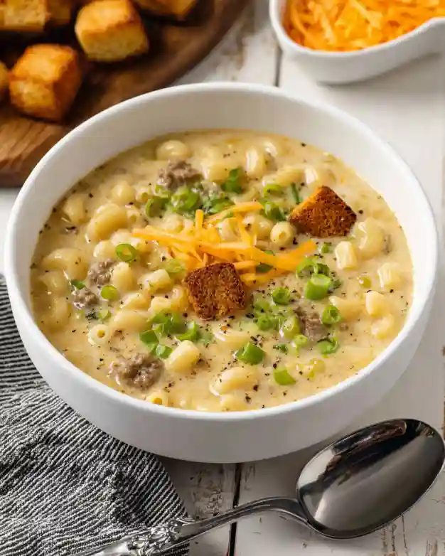 Bowl of one pot macaroni cheeseburger soup