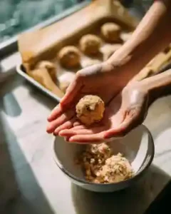 Hands forming chicken meatballs for one pot recipe