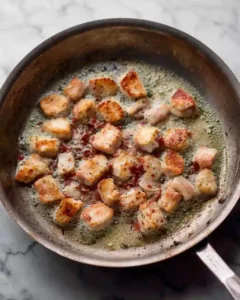 frying bacan and chicken in a metal skiellet for a gnocchi recipe