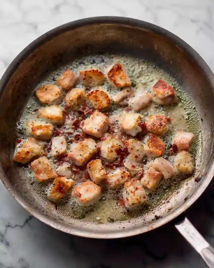 frying bacan and chicken in a metal skiellet for a gnocchi recipe