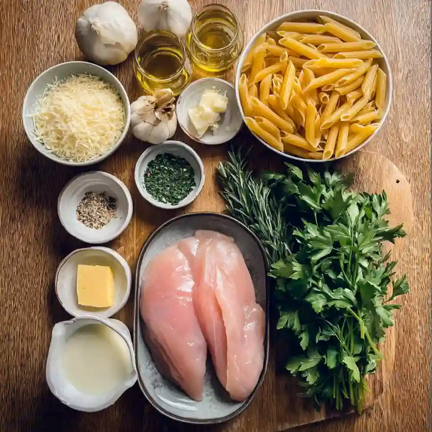 Ingredients for garlic parmesan chicken pasta