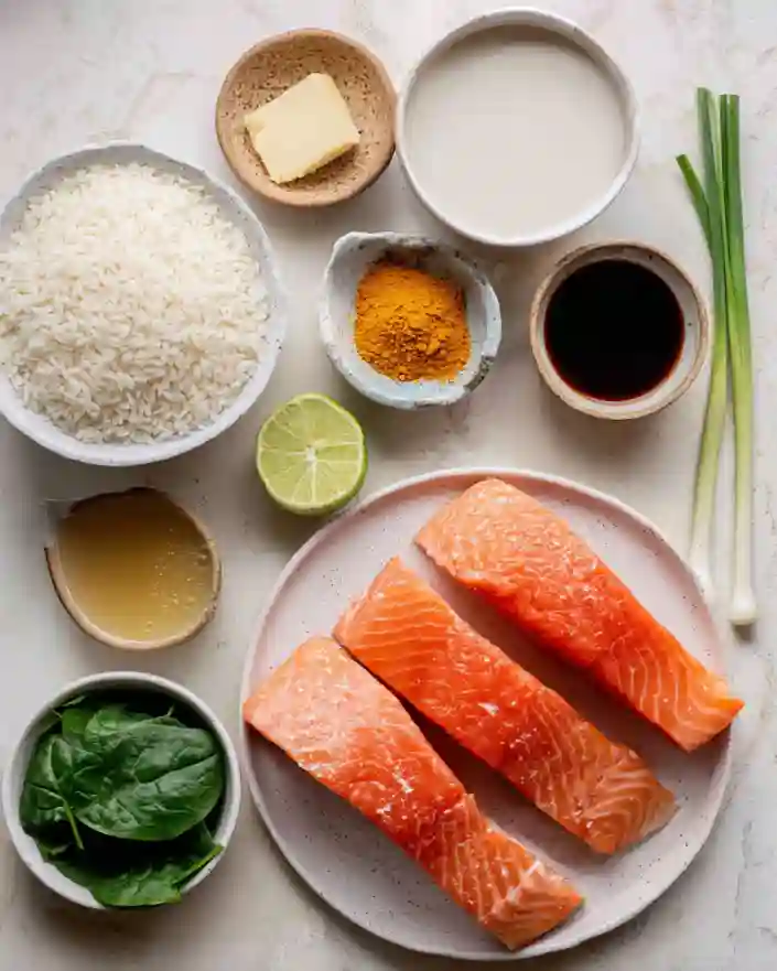 ingredients for miso-turmeric salmon and coconut rice