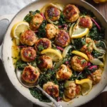 One pot chicken meatballs with greens in a Dutch oven