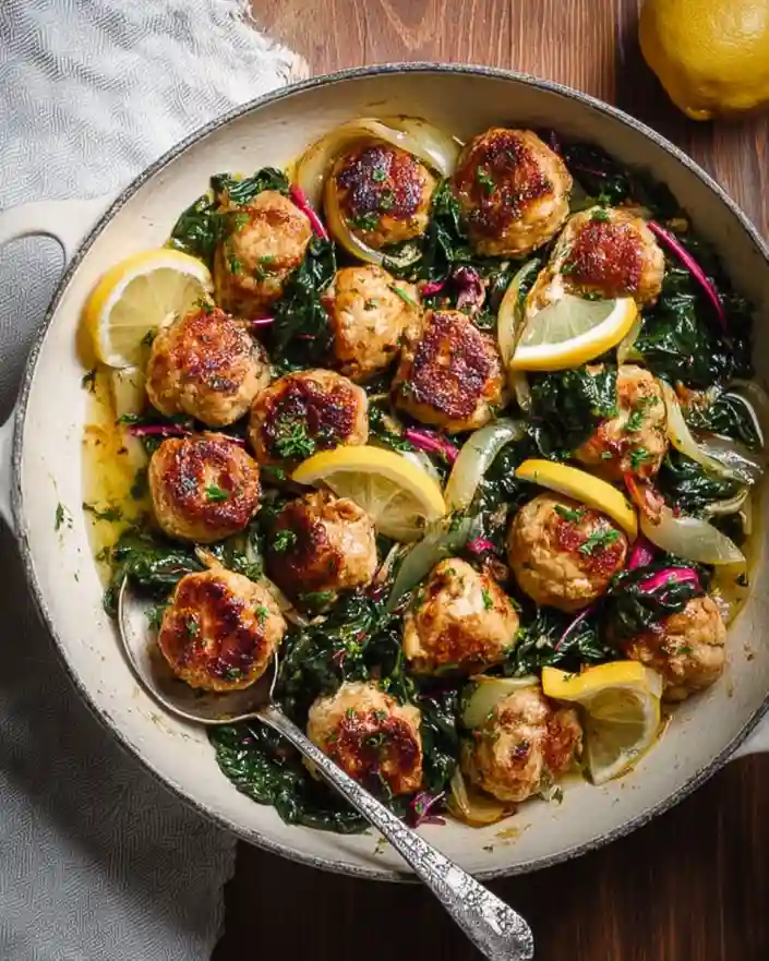 One pot chicken meatballs with greens in a Dutch oven