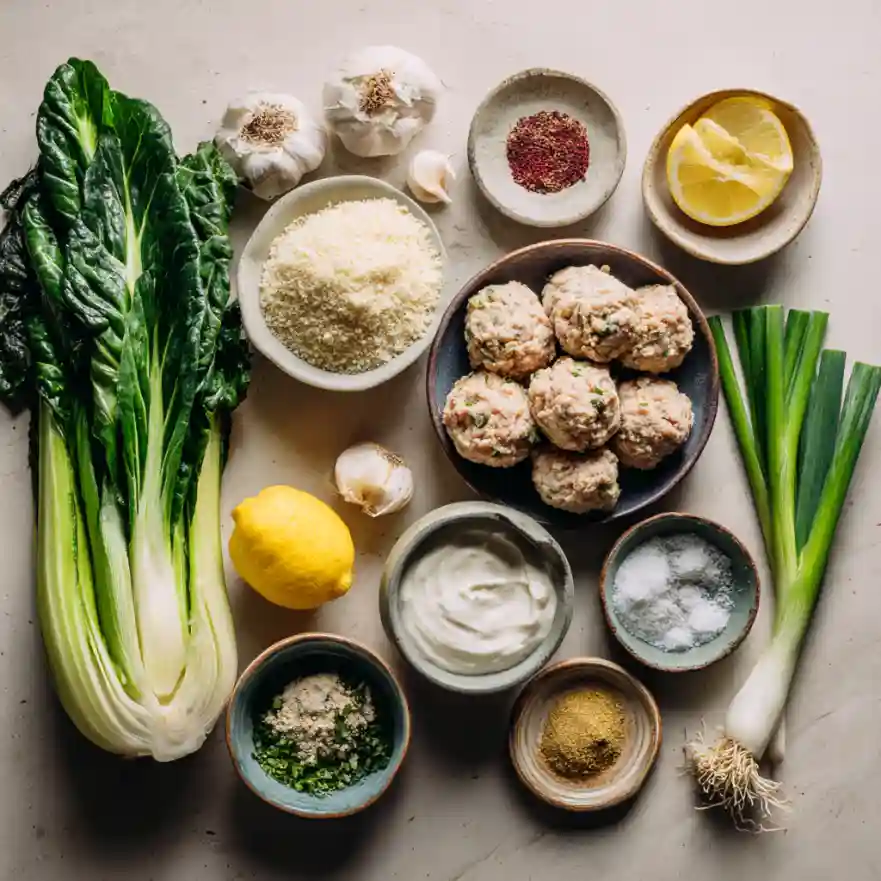  Ingredients for one pot chicken meatballs with greens