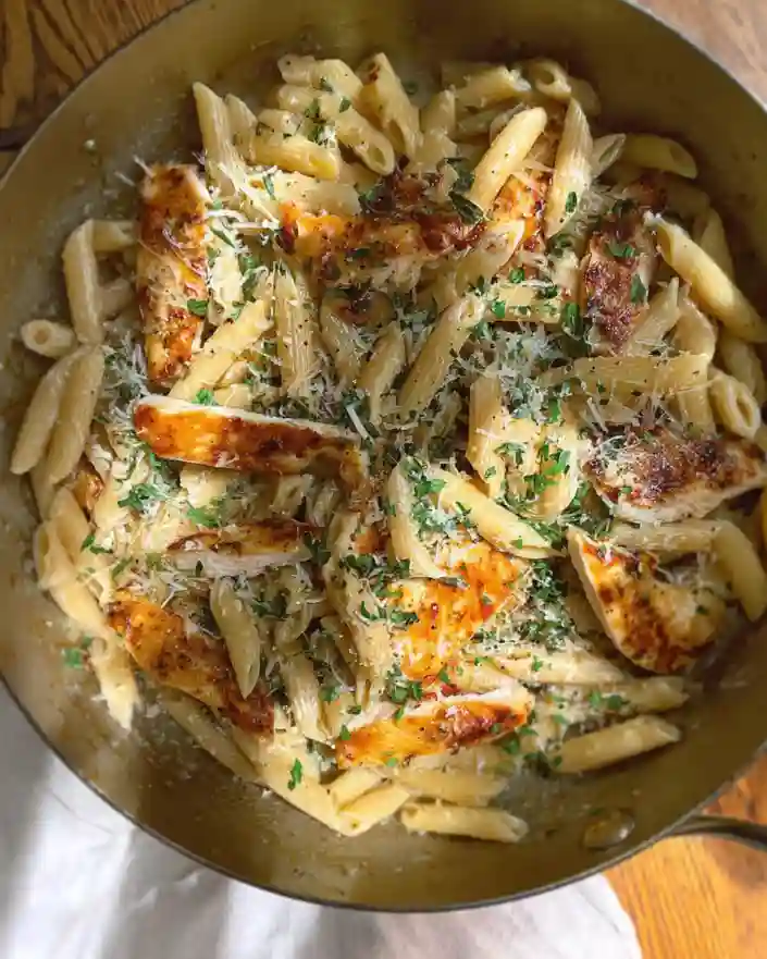 One pot garlic parmesan chicken pasta in skillet