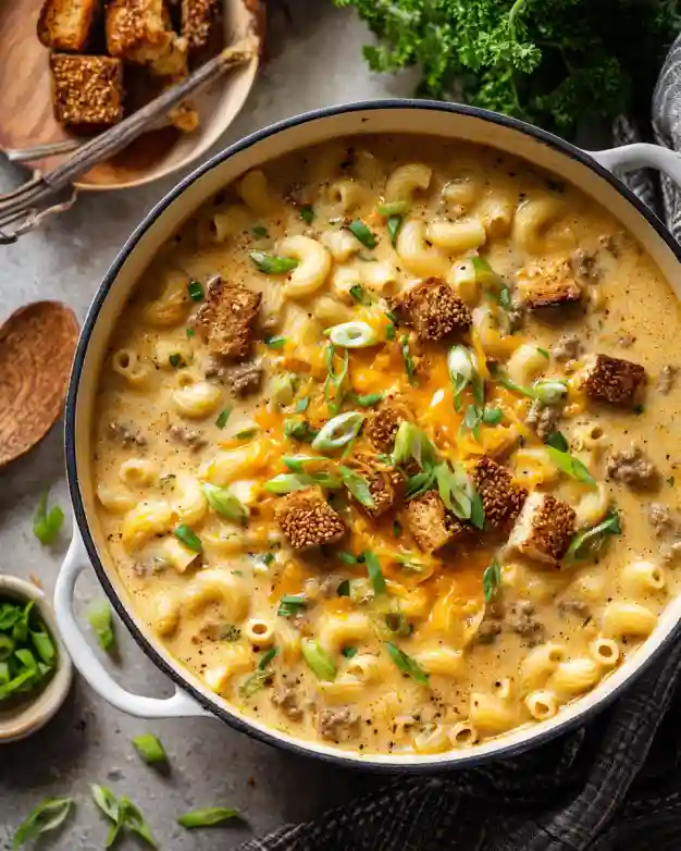 One pot macaroni cheeseburger soup in Dutch oven