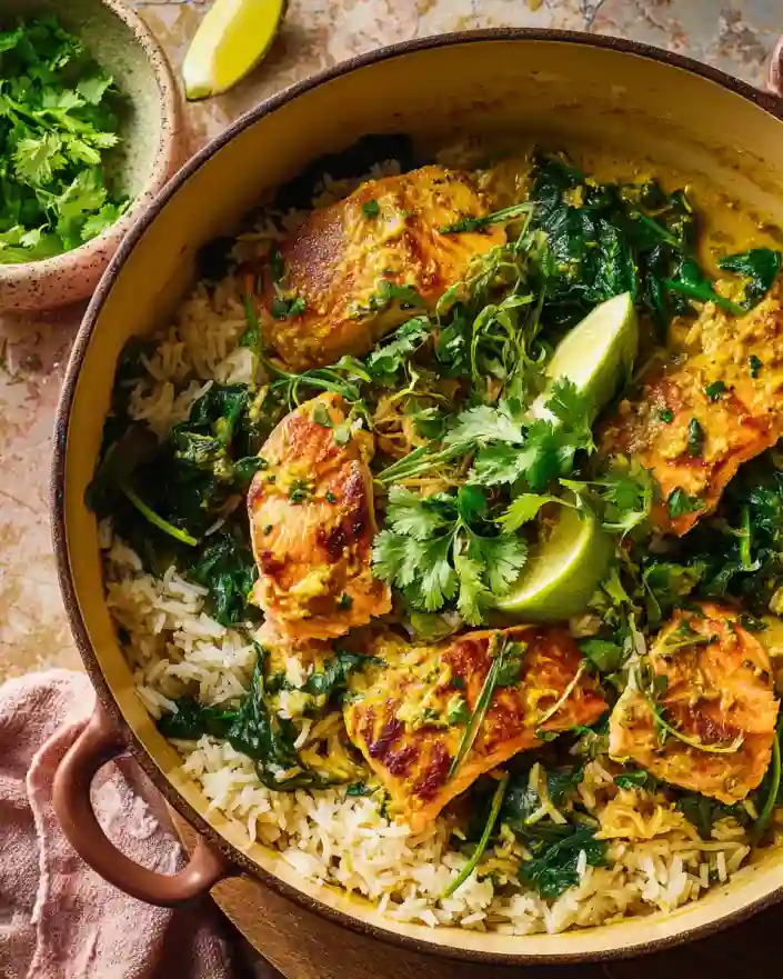 one-pot miso-turmeric salmon and coconut rice in Dutch oven