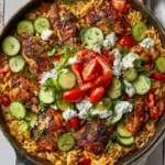 one-pot shawarma chicken and orzo skillet in skillet