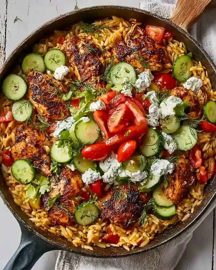 one-pot shawarma chicken and orzo skillet in skillet