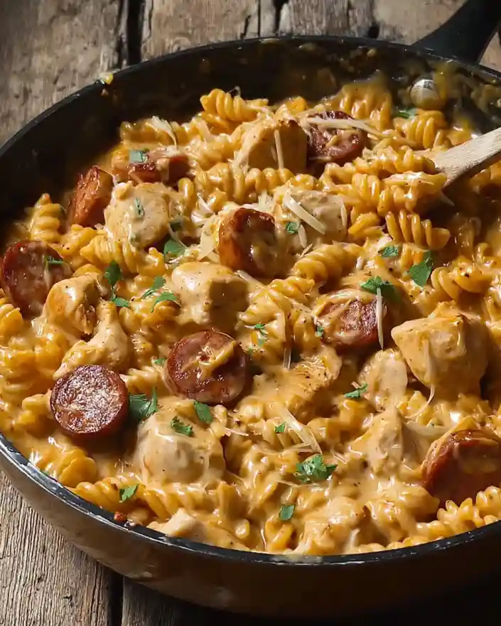 One-pot smoky cheddar ranch chicken & sausage pasta in a pot