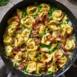 One-pot tortellini with prosciutto and peas in a black skillet