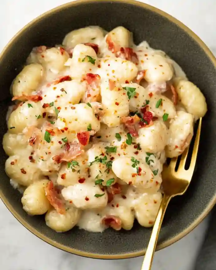 one-pan chicken bacon gnocchi in skillet
