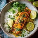 plated bowl of miso-turmeric salmon and coconut rice