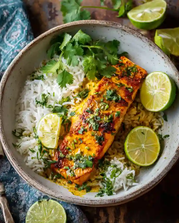 plated miso turmeric salmon rice compressed