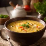 Recipe card for one pot macaroni cheeseburger soup