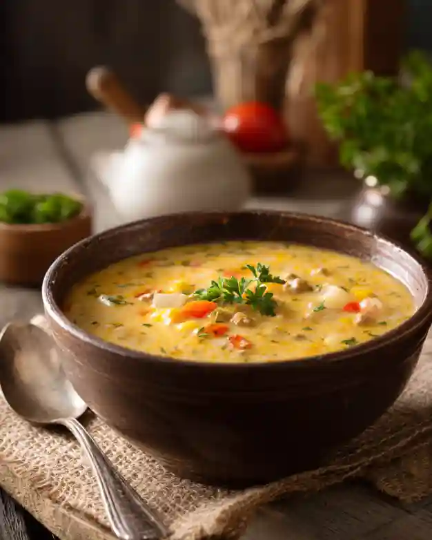 Recipe card for one pot macaroni cheeseburger soup