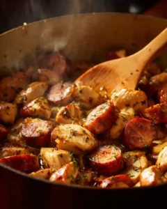 Sautéing chicken and sausage for smoky pasta