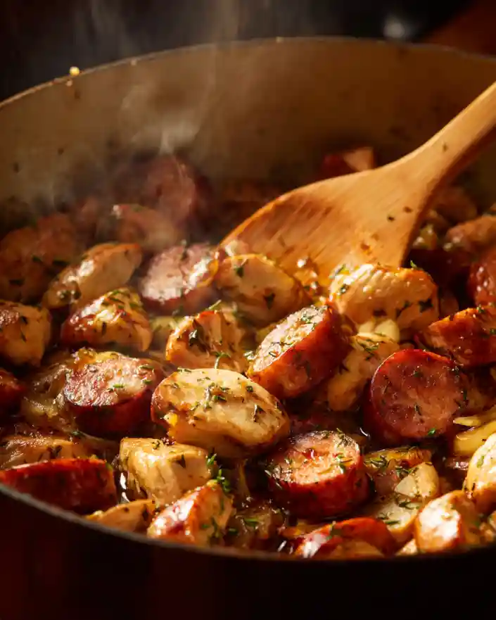 Sautéing chicken and sausage for smoky pasta