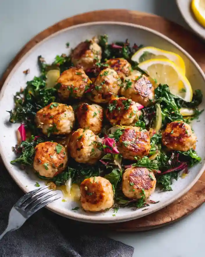Bowl of one pot chicken meatballs with greens and lemon