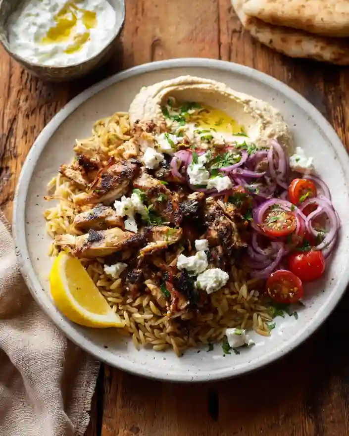 plated shawarma chicken and orzo with sides