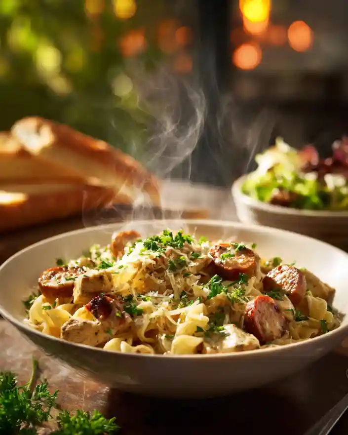 Bowl of smoky cheddar ranch chicken pasta served hot