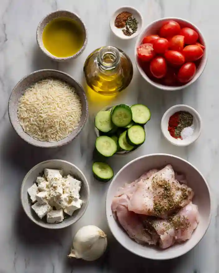 ingredients for shawarma chicken and orzo skillet