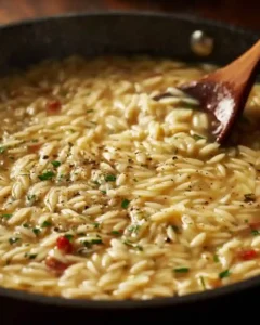 orzo simmering in broth with garlic