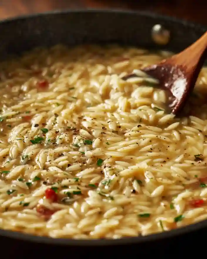 orzo simmering in broth with garlic