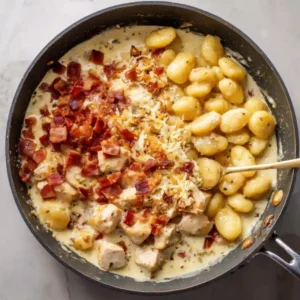 chicken bacon gnocchi cooking in skillet