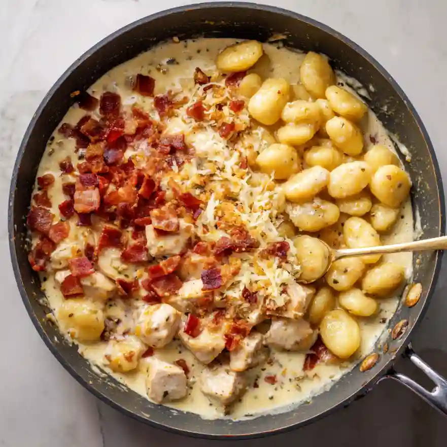 chicken bacon gnocchi cooking in skillet