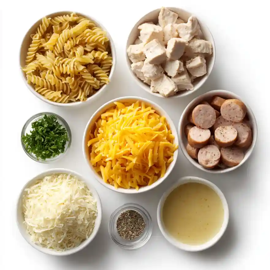 Ingredients for one-pot smoky cheddar ranch chicken pasta