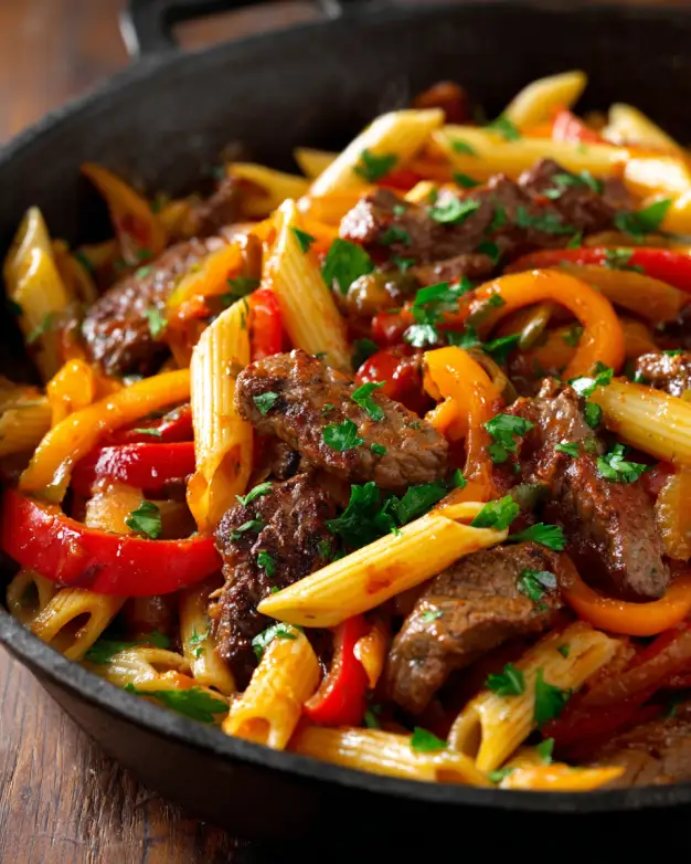A close-up of a cast-iron skillet filled with zesty steak pasta, showing cooked penne, steak pieces, and bell peppers, garnished with fresh parsley.