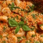 Finished One-Pan Salsa Verde Shrimp and Rice garnished with fresh basil and spinach.